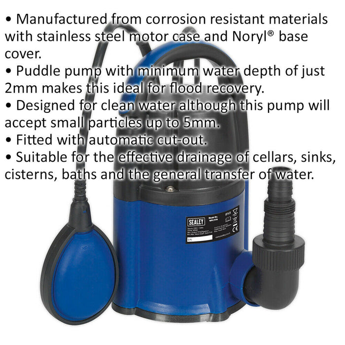 Low Level Submersible Water Pump - 117L/Min - Automatic Cut Out - 230V Supply Loops