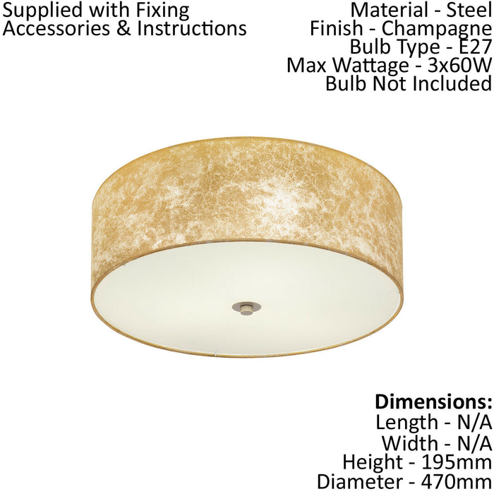Flush Ceiling Light Colour Champagne Circular Shade Gold Fabric Bulb E27 3x60W Loops