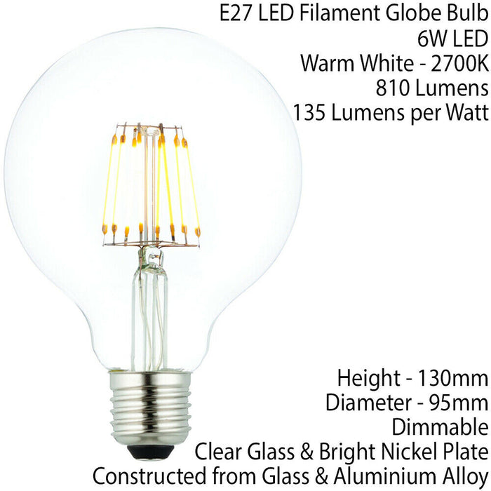 E27 Edison Dimmable LED Filament Light Bulb 6W Warm White Glass 95mm Globe Lamp Loops