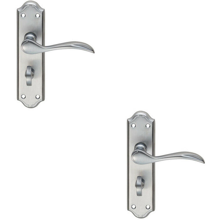 2x PAIR Curved Door Handle Lever on Bathroom Backplate 180 x 45mm Satin Chrome Loops