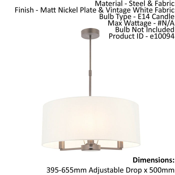 Ceiling Pendant Light Matt Nickel & Vintage White Fabric 3 x 40W E14 e10094 Loops