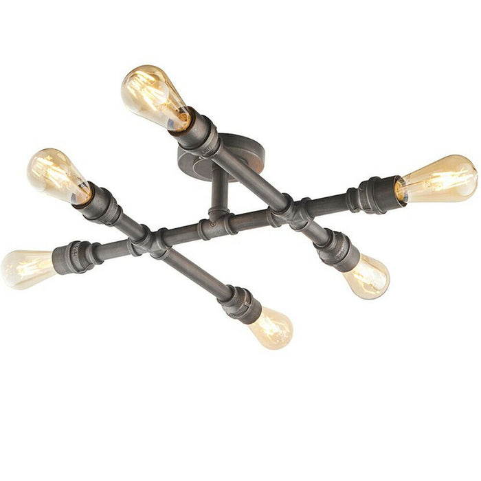 Semi Flush Ceiling Lamp Aged Pewter 6x Bulb Multi Light Industrial Exposed Pipe Loops