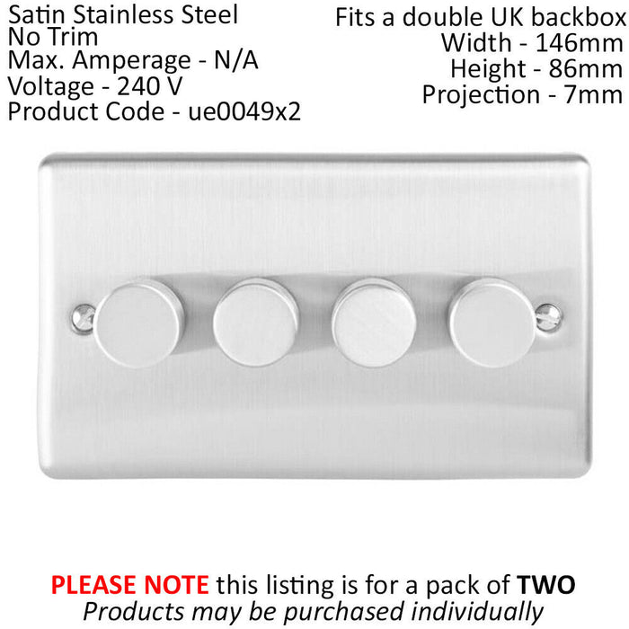 2 PACK 4 Gang 400W 2 Way Rotary Dimmer Switch SATIN STEEL Light Dimming Plate Loops