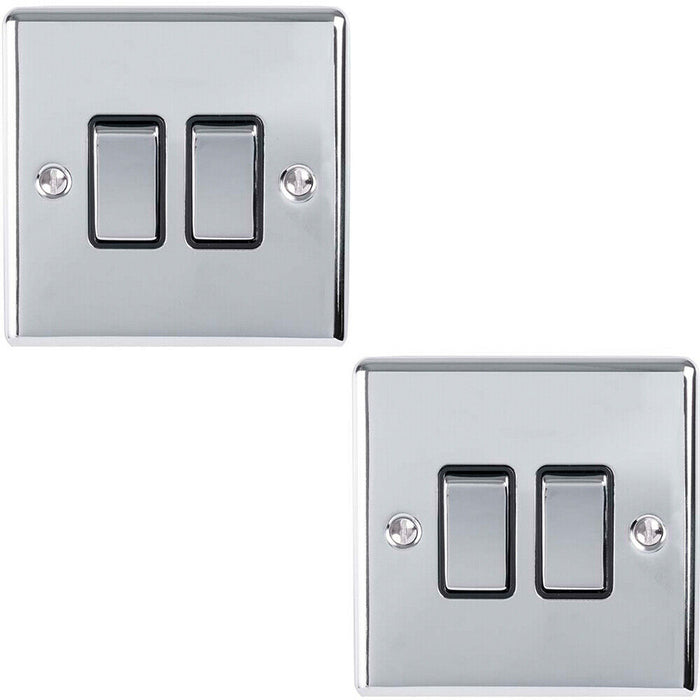 2 PACK 2 Gang Double Metal Light Switch POLISHED CHROME 2 Way 10A Black Trim Loops