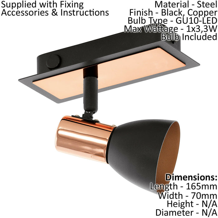 Wall 1 Spot Light Colour Black Copper Rocker Switch Bulb GU10 1x3.3W Included Loops