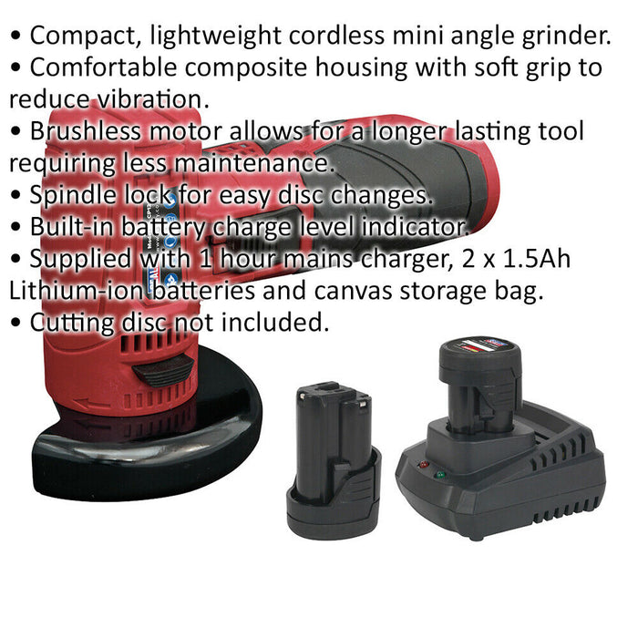 12V Cordless Angle Grinder Kit - Includes 2 x 1.5Ah Batteries & Charger - Bag Loops