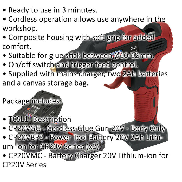 20V Cordless Hot Glue Gun Kit - Includes 2 x Batteries & Charger - Storage Bag Loops