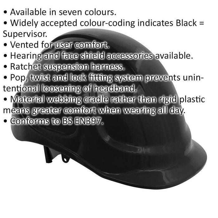 Vented Safety Helmet - Material Webbing Cradle - Accessories Available - Black Loops
