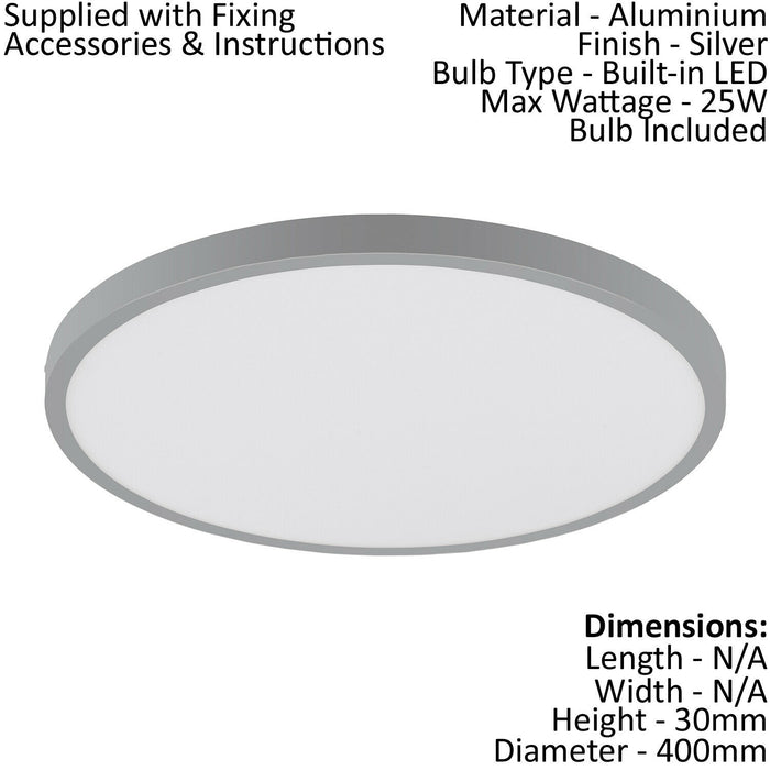 Wall / Ceiling Light Silver 400mm Round Surface Mounted 25W LED 3000K Loops