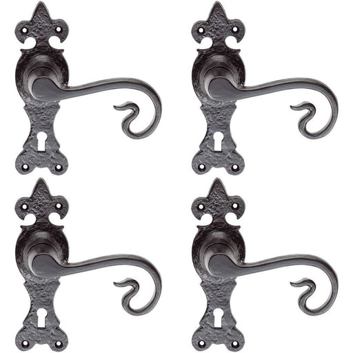 4x PAIR Forged Curled Lever Handle on Lock Backplate 167 x 51mm Black Antique Loops