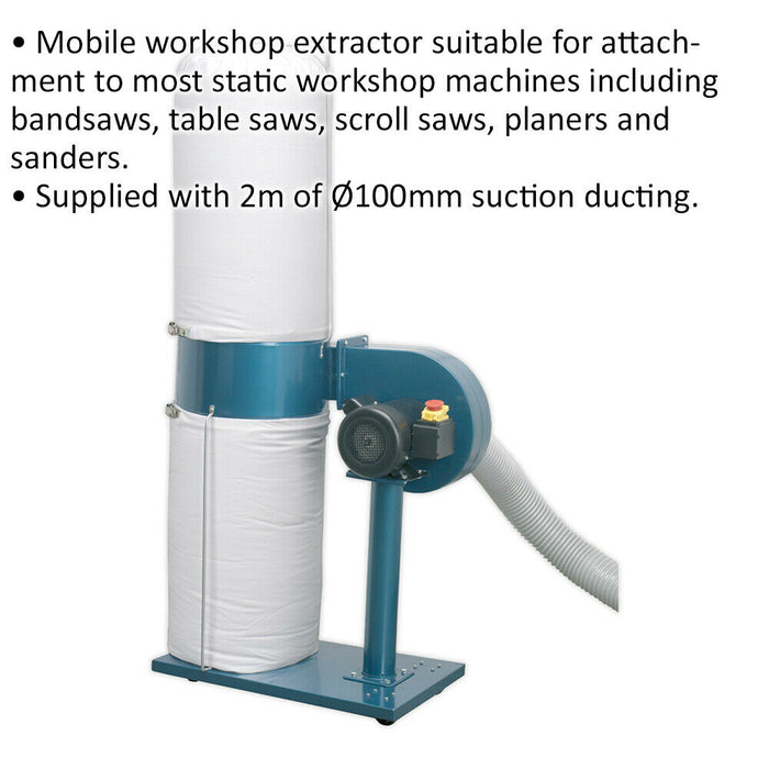 230V Dust & Chip Extractor - 1hp Mobile Workshop Extractor - 2m x 100mm Ducting Loops