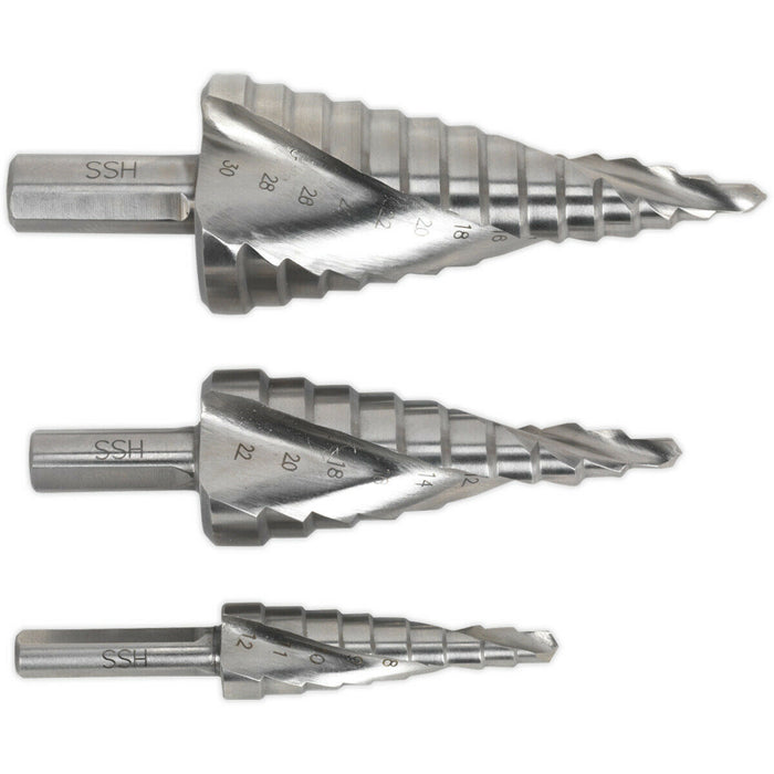 3 Piece HSS M2 Spiral Flute Step Drill Bit Set - 3 Sizes - Precision Hole Drill Loops