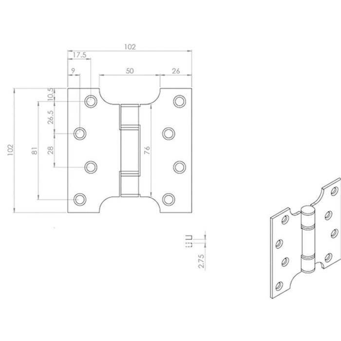 2x PAIR 101.6 x 101.6 x 3mm Parliament Hinge Stainless Steel Internal Door Loops