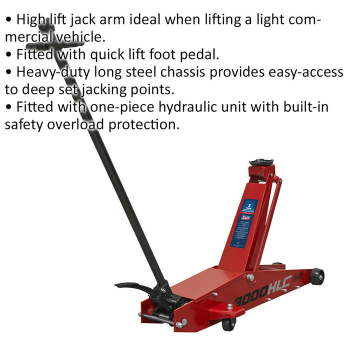 Long Reach High Lift Trolley Jack - 3 Tonne Capacity - 670mm Max Height - Red Loops