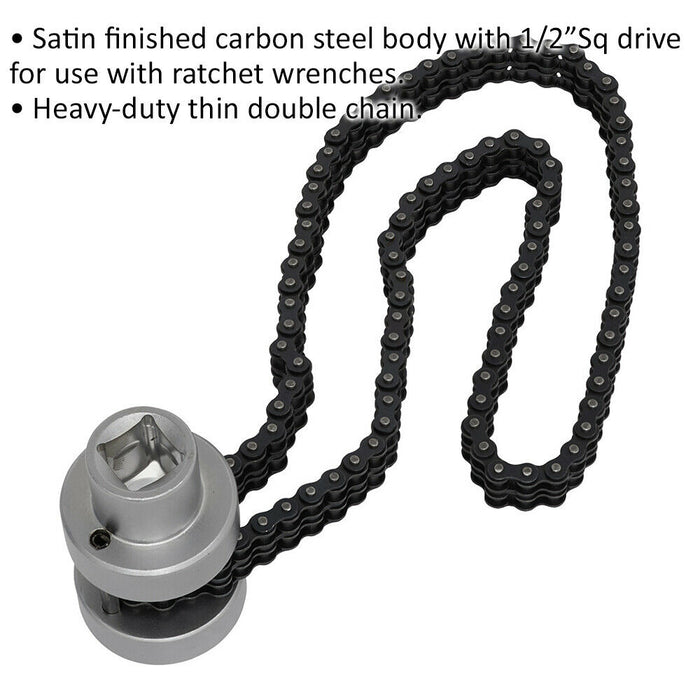 Oil Filter Chain Wrench - 1/2" Sq Drive - 60mm to 115mm Capacity - Double Chain Loops