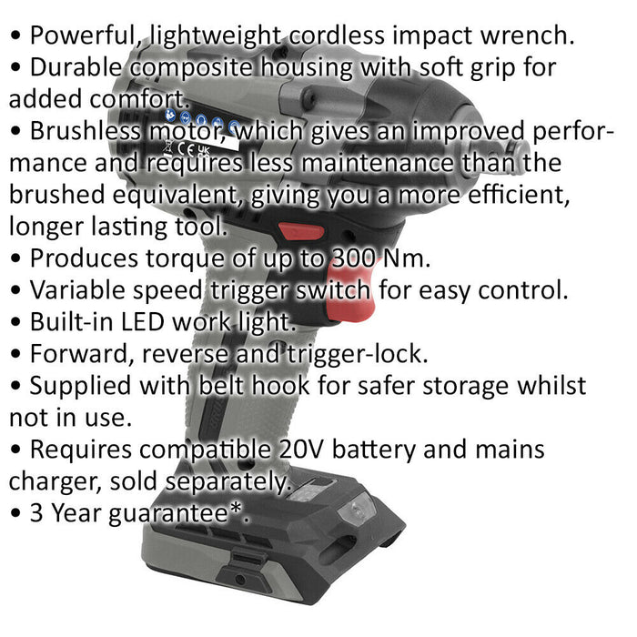 20V Brushless Impact Wrench - 1/2" Sq Drive - BODY ONLY - 300Nm Maximum Torque Loops