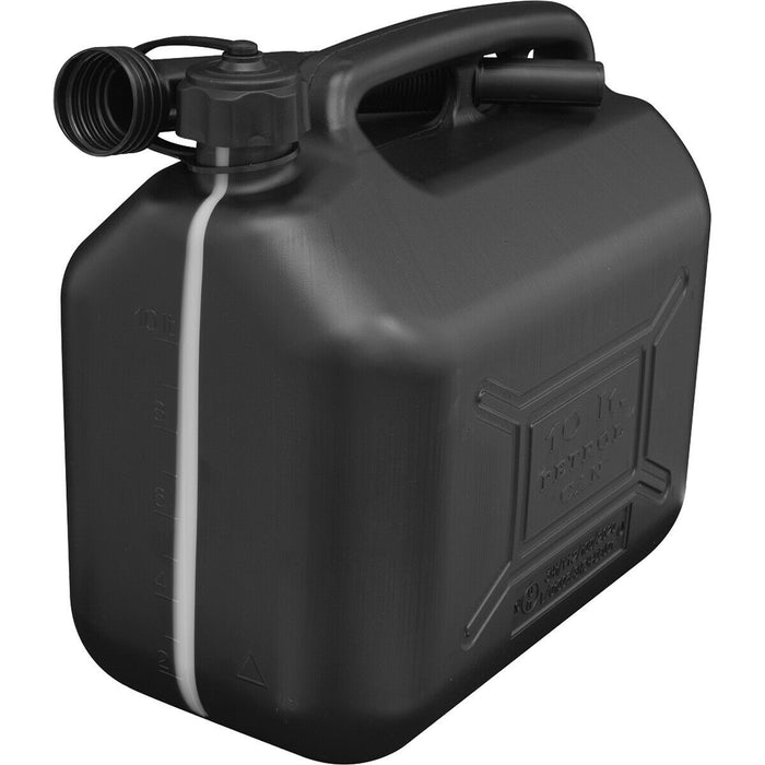 10 Litre Plastic Fuel Can -  Safety Screw Lock Cap - Flexible Spout - Black Loops