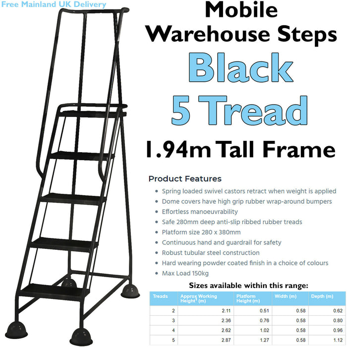 5 Tread Mobile Warehouse Steps BLACK 1.94m Portable Safety Ladder & Wheels Loops