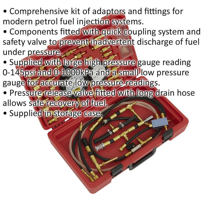 Fuel Injection Pressure Test Kit - High & Low Pressure Gauge - Release Valve Loops