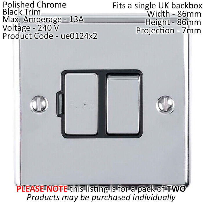 2 PACK 13A DP Switched Fuse Spur CHROME & Black Mains Isolation Wall Plate Loops