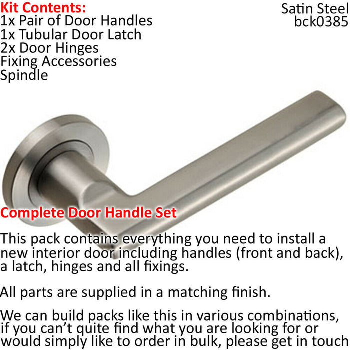 Door Handle & Latch Pack Satin Steel Slim Straight Lever Screwless Round Rose Loops