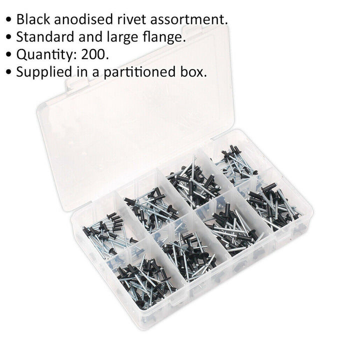 200 PACK - Assorted Size Rivets - Black Anodised - Standard & Large Flange Pins Loops