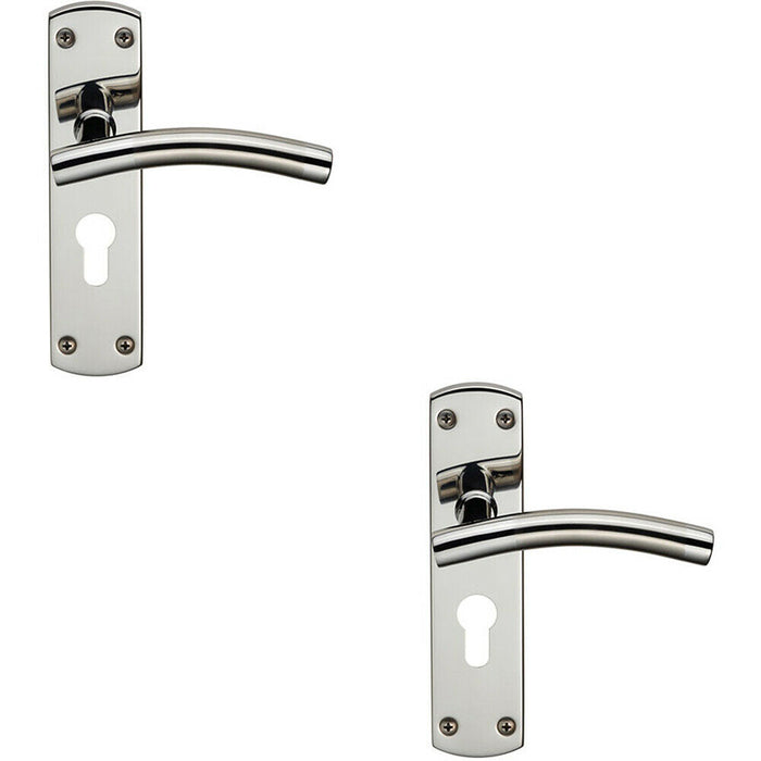 2x Curved Lever on Euro Lock Backplate Handle 172 x 44mm Polished & Satin Steel Loops