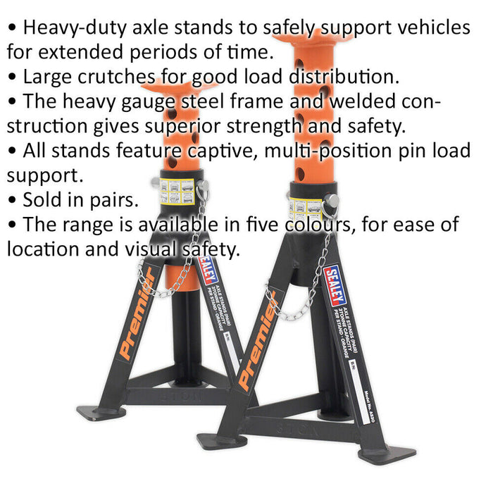 PAIR 3 Tonne Heavy Duty Axle Stands - 290mm to 435mm Adjustable Height - Orange Loops
