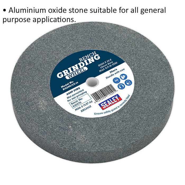 Bench Grinding Stone Wheel - 200 x 25mm - 16mm Bore - Grade A60P - Fine Loops