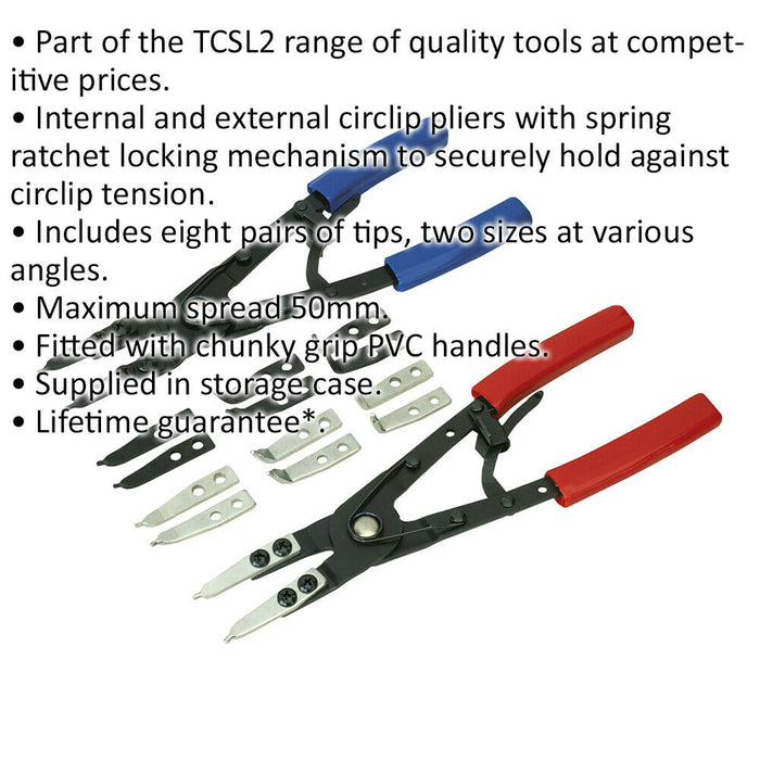 265mm Circlip Pliers Set - Internal & External - Interchangeable Tips PVC Grip Loops