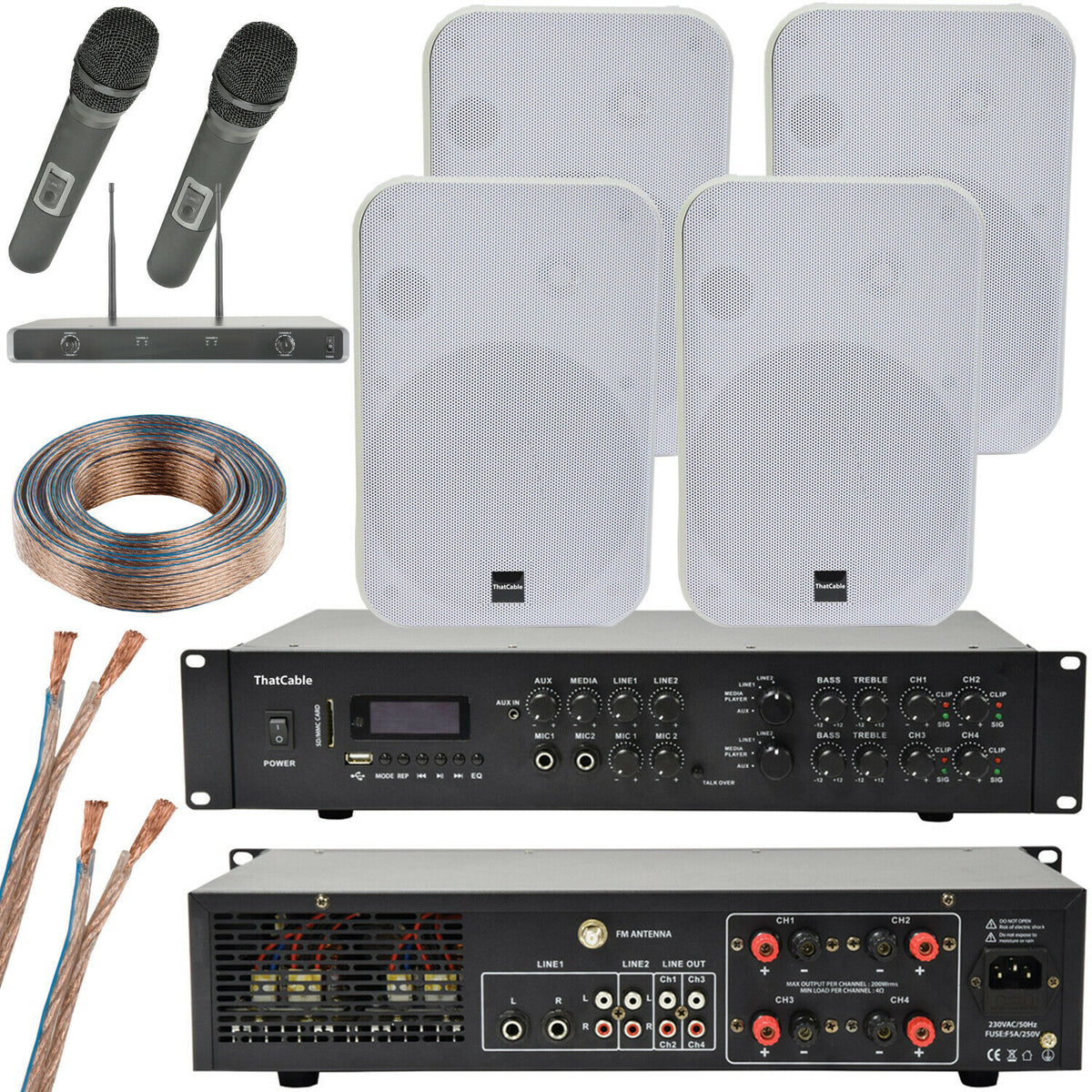 Wireless Microphone Public Address System 4x White 200W Wall Speakers ...