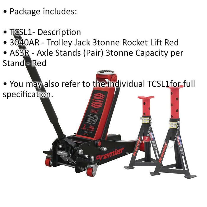 Twin Piston Hydraulic Trolley Jack & 2 x Axle Stands Kit - 3000kg Limit - Red Loops