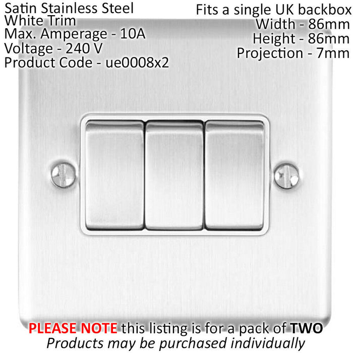 2 PACK 3 Gang Triple Metal Light Switch SATIN STEEL 2 Way 10A White Trim Loops
