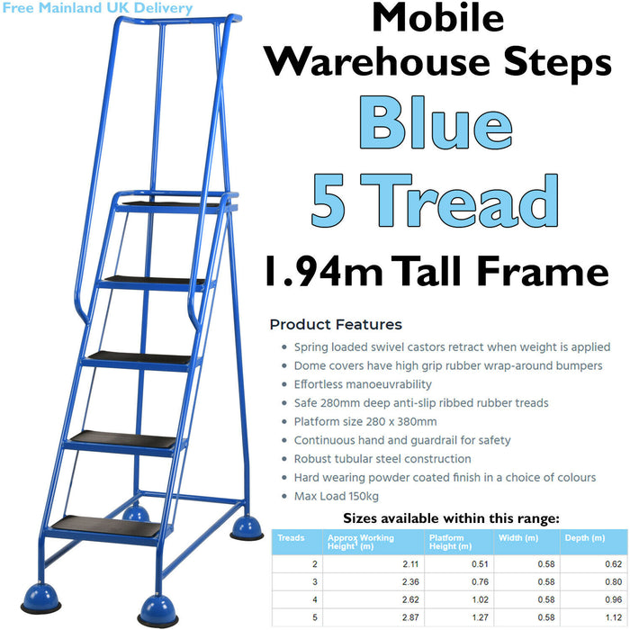 5 Tread Mobile Warehouse Steps BLUE 1.94m Portable Safety Ladder & Wheels Loops