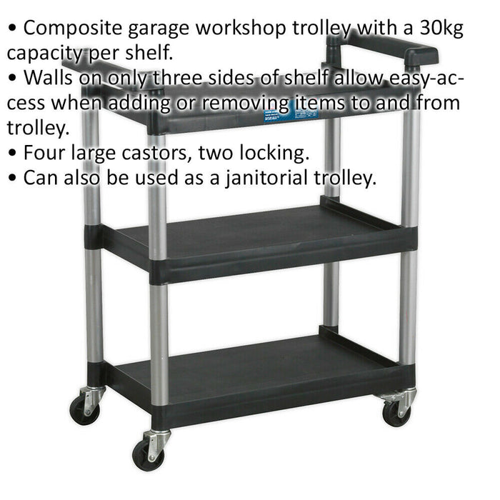 3 Level Wheeled Composite Workshop Trolley - 800 x 410 x 930mm - 30kg Per Shelf Loops