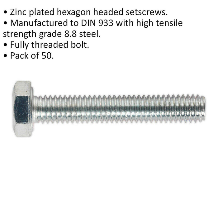 50 PACK HT Setscrew - M6 x 35mm - Grade 8.8 Zinc - Fully Threaded - DIN 933 Loops