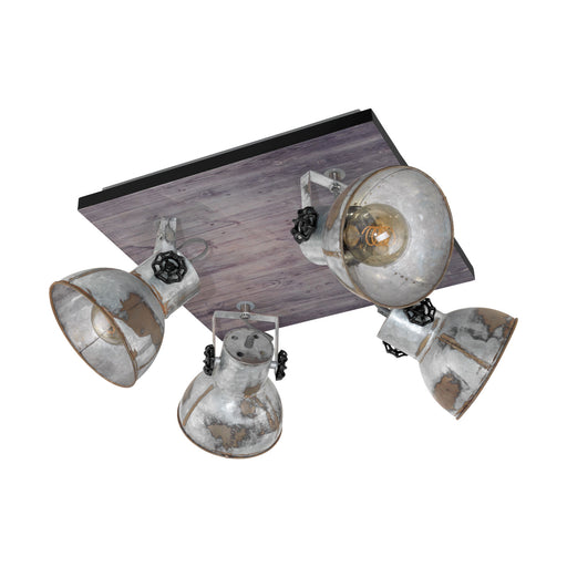 Adjustable 4 Bulb Ceiling Spotlight Wood & Raw Industrial Steel Shade 40W E27 Loops
