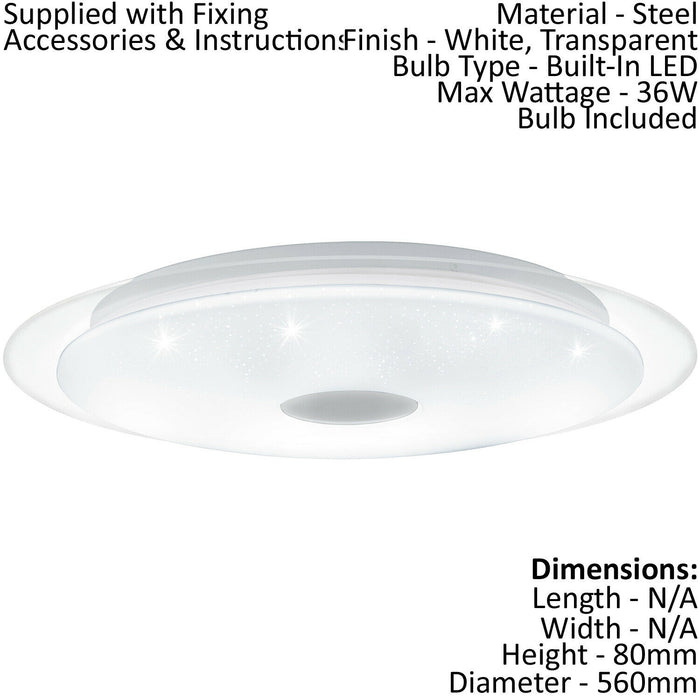 Wall Flush Ceiling Light White Shade White Chrome Plastic Crystal Effect LED 36W Loops