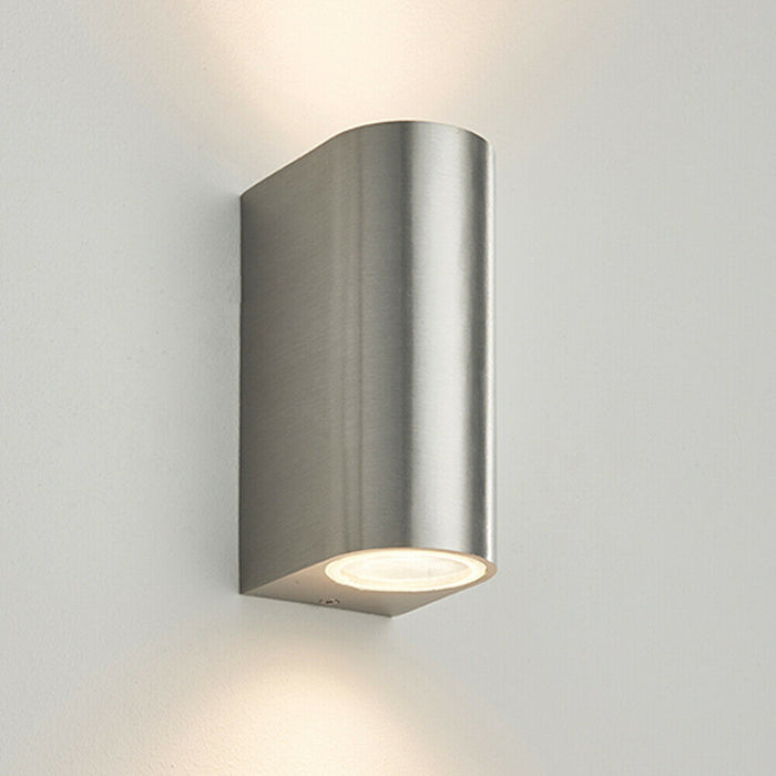 IP44 Outdoor Up & Down Wall Light Brushed Aluminium Twin GU10 Modern Accent Lamp Loops