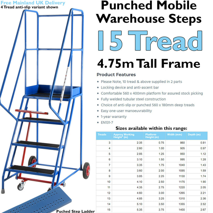 15 Tread Mobile Warehouse Stairs Punched Steps 4.75m EN131 7 BLUE Safety Ladder Loops