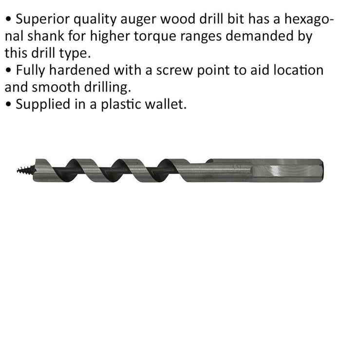 12 x 155mm Hardened Auger Wood Drill Bit - Hexagonal Shank - Woodwork Timber Loops