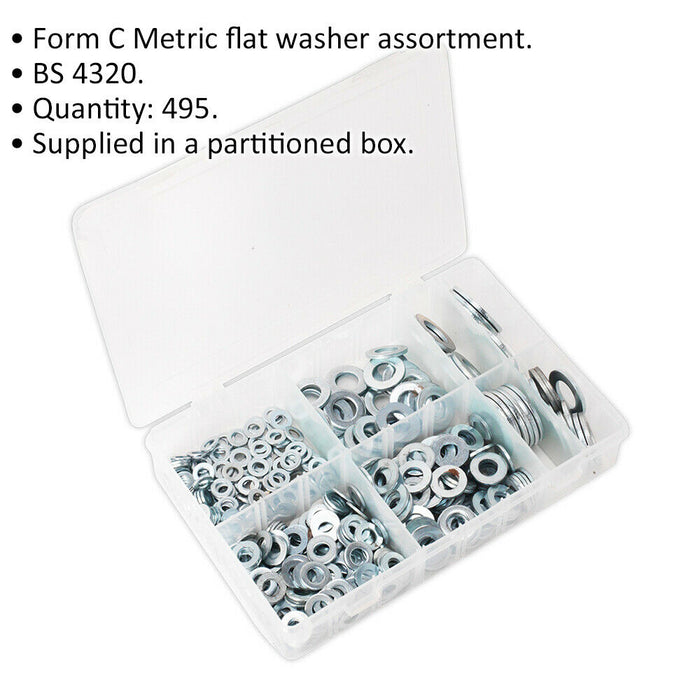 495 Piece Form C Flat Washer Assortment - M6 to M24 - Partitioned Storage Box Loops