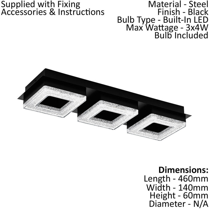 Wall Flush Ceiling Light Colour Black Shade Black Clear Plastic Crystal LED 3x4W Loops
