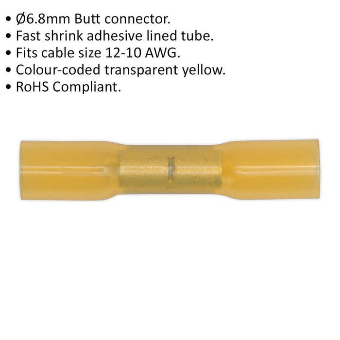 50 PACK 6.8mm Heat Shrink Butt Connector Terminal - 12 to 10 AWG Cable - Yellow Loops