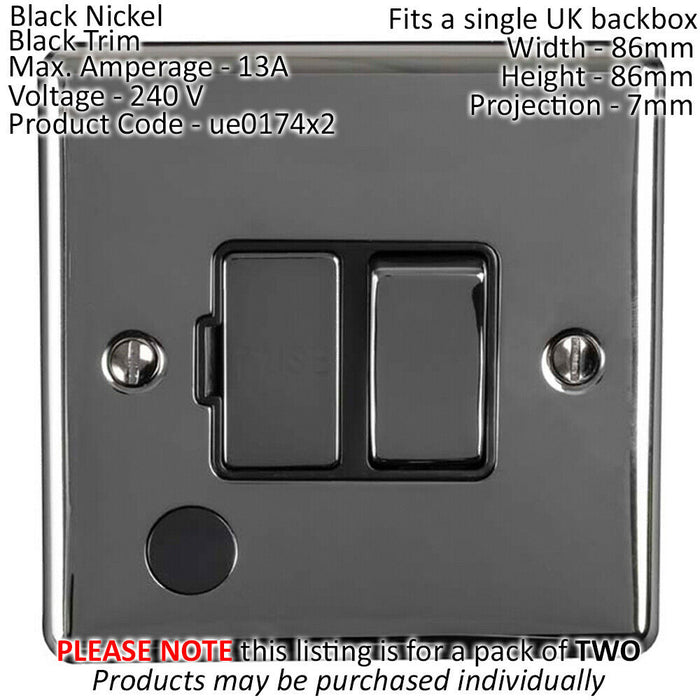 2 PACK 13A DP Switched Fuse Spur & Flex Outlet BLACK NICKEL & Black Isolation Loops
