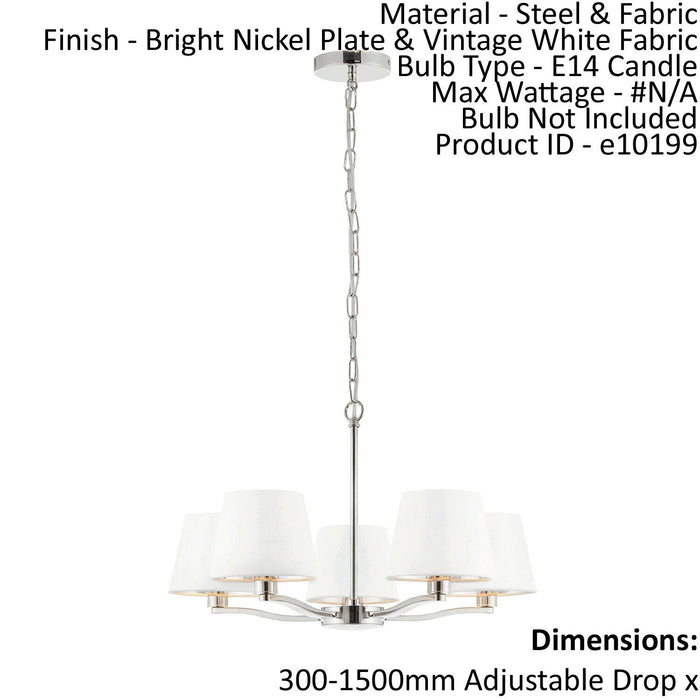 Ceiling Pendant Light Bright Nickel Plate & Vintage White Fabric 5 x 40W E14 Loops