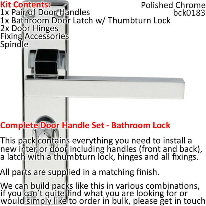 Door Handle & Bathroom Lock Pack Chrome Straight Square Thumb Turn Backplate Loops