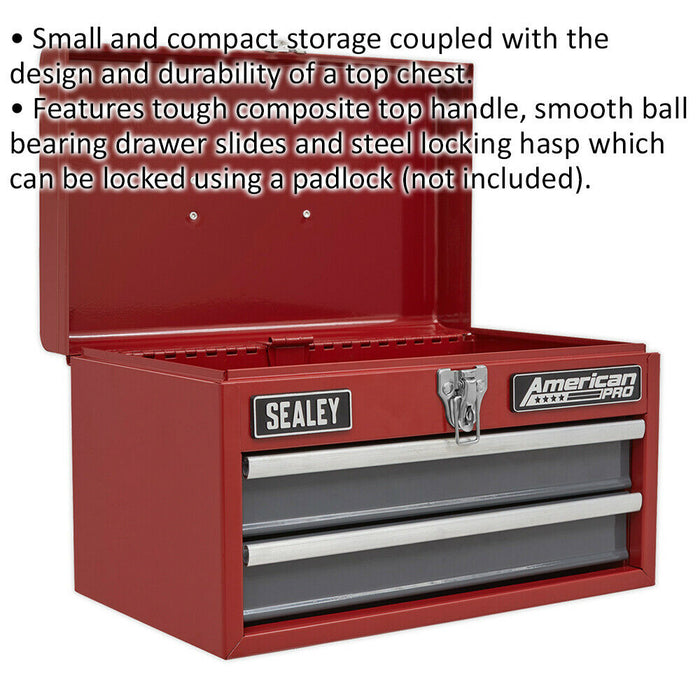 360 x 230 x 230mm Portable 2 Drawer Toolbox - RED - Lockable Tool Storage Chest Loops