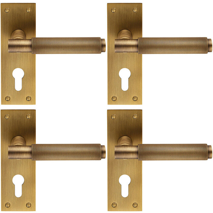 4x PAIR Knurled Round Lever on Slim Euro Lock Backplate 150 x 50mm Antique Brass Loops