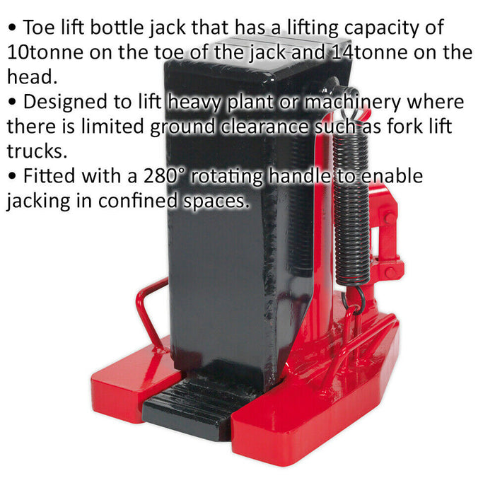 Industrial Toe Lift Bottle Jack - 10 Tonne Toe Capacity - 14 Tonne Head Capacity Loops